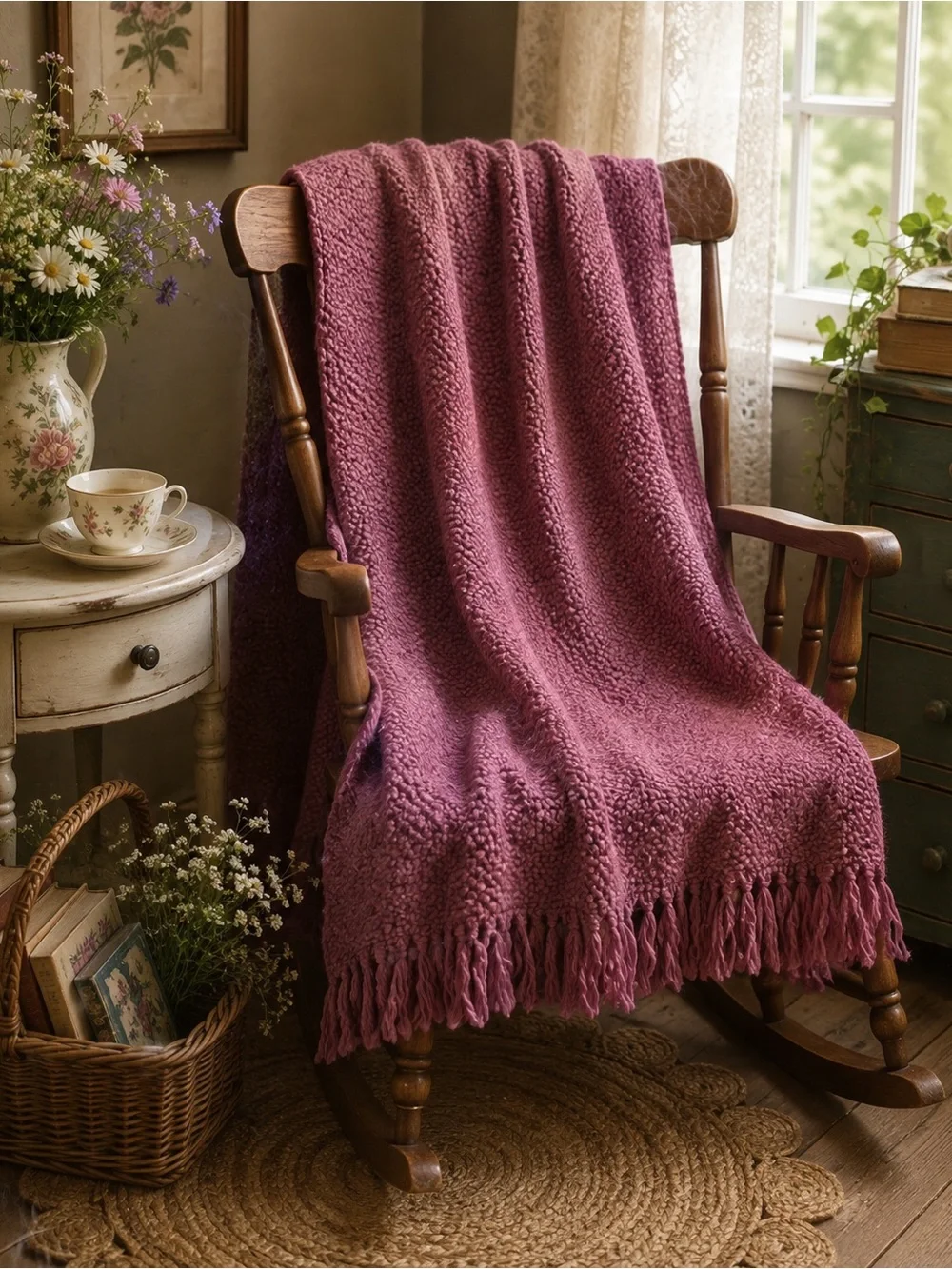 Vintage Granite Mills 100% Olefin Dusty Pink Purple Fringed Knit Throw Blanket